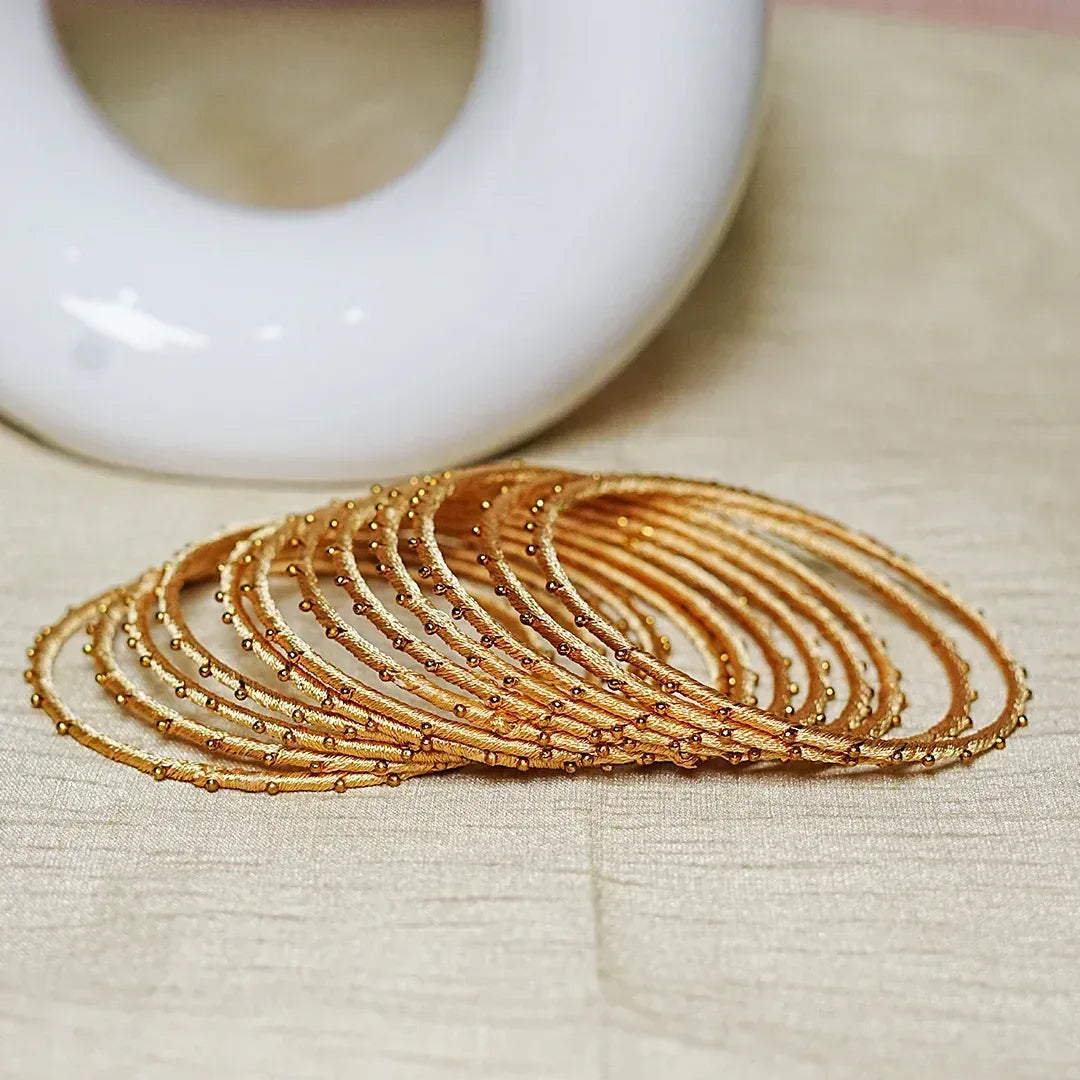 Metal Base with Premium Thread Work Bangles for Women & Girls (Pack of 12 Bangle) - The Golden Cascade